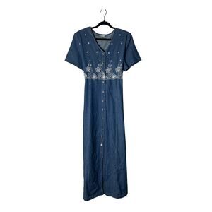 Tradition Denim Tie-Back Maxi Dress w/ Embroidery Size 14